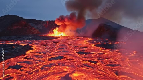 Molten lava flows down a volcanic slope with a fiery eruption plume rising into the dark sky at dusk.