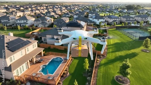A drone delivering a package to a house with a swimming pool in a suburban neighborhood.