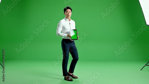 Man in Studio Green Screen With Tablet Demonstration.