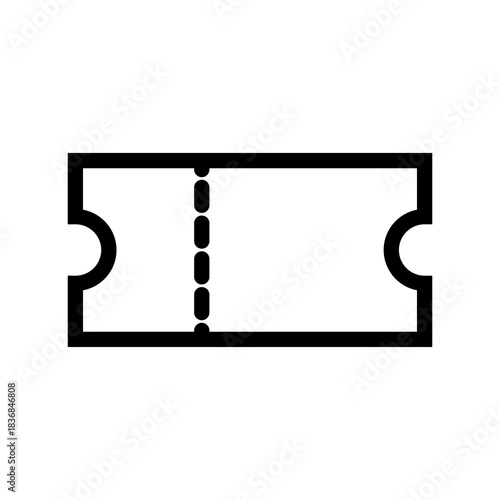 Simple and minimalistic line vector icon of an event admission ticket, cinema movie ticket, concert pass, or coupon with a dashed perforation line. Flat design for applications, websites, and UI UX.