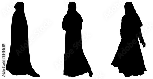 Women Wearing Burqa Silhouette Vector. Islamic Modest Fashion Illustration