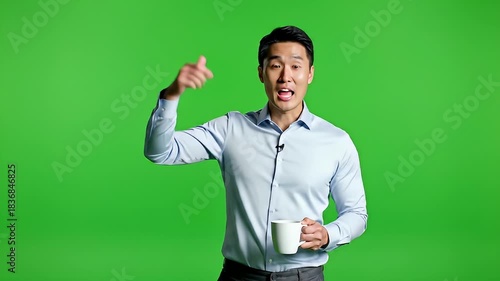 Dynamic Green Screen Presentation With Man Holding Cup On Set.