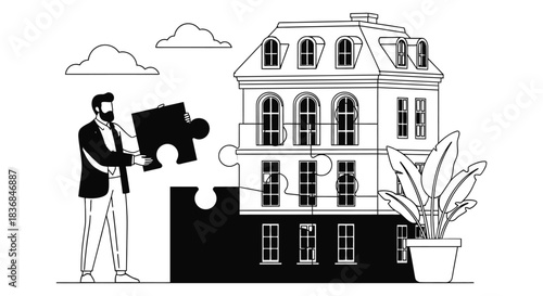 Man assembling a house puzzle, symbolizing home construction and real estate solutions.