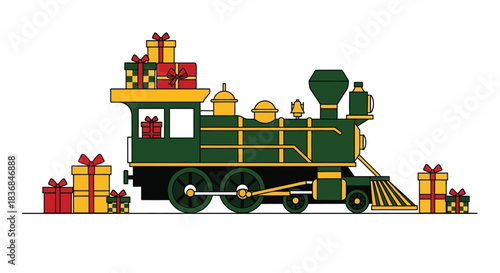 Festive green steam train loaded with colorful Christmas presents, ready for holiday delivery