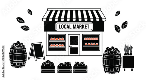 Charming illustration of a local market stall overflowing with fresh produce.