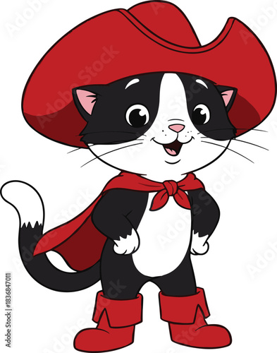 Cartoon black and white cat in red costume with boots, hat, cape, heroic pose, cheerful expression, vector illustration