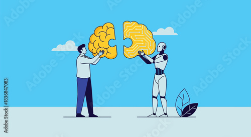Human and robot collaborate to connect puzzle pieces representing a brain, symbolizing AI integration and future technology.