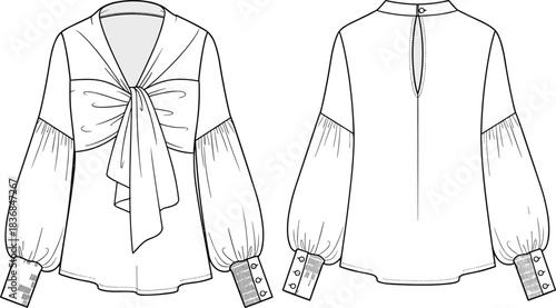 Elegant bow front blouse fashion flat sketch with puff sleeves, detailed cuff design, stylish women's apparel vector technical illustration
