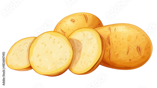 Fresh whole potato with neatly cut slices arranged to showcase natural texture, earthy skin, and starchy interior, isolated on white background