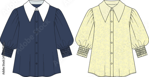 Elegant puff sleeve blouse fashion flat, detailed cad shirt illustration with collar design, vector garment template for sewing and apparel design