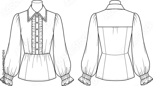 Elegant vintage long-sleeve blouse fashion flat sketch illustration featuring ruffle details, button-down front, puff sleeves and tailored feminine design, apparel vector