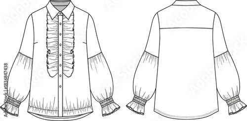 Elegant ruffle front blouse fashion flat sketch with puff sleeves, button closure, detailed garment outline for stylish apparel vector design