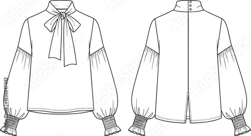 Elegant women’s blouse fashion flat sketch featuring bow tie neckline, puff sleeves, cuff details, structured silhouette, minimal apparel vector illustration design