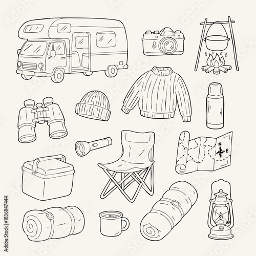 Hand-drawn camping set: outdoor and travel gear. Includes RV, tent, binoculars, campfire pot, map, chair, sleeping bag, camera, lantern, and thermos. Outline vector.
