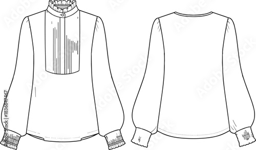 Elegant women’s blouse fashion flat sketch with ruffled collar, pleated front panel, puff sleeves, cuff details, minimalist apparel design illustration