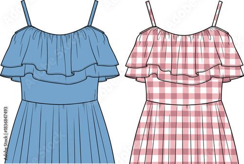 Fashionable ruffle summer dress technical flat sketch with sleeveless strap design showing stylish blue and gingham pattern garment for apparel illustration