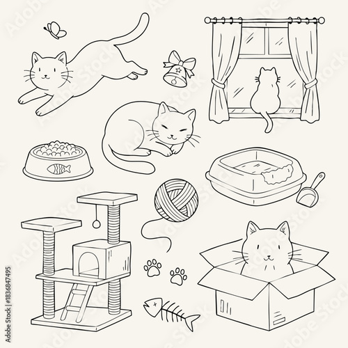 Hand-drawn cat set: cute cats and pet care accessories. Includes kittens, litter box, food bowl, scratching post, yarn ball, paw prints, and window. Outline vector.