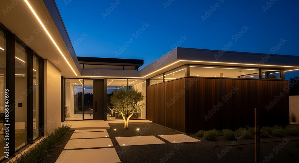 Fototapeta premium Modern Home Exterior at Dusk with Illuminated Pathway and Architecture.
