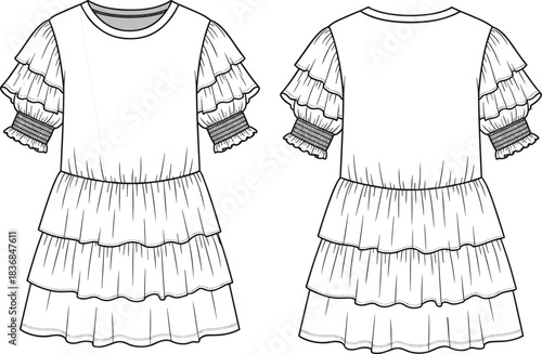 Girls tiered ruffle dress fashion flat sketch with short sleeves, layered skirt design, smocked cuffs, stylish kidswear garment template, cad drawing flat vector illustration