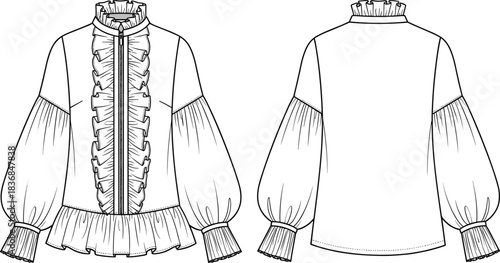 Ruffle Blouse Bishop Sleeves Technical Fashion Flat Sketch CAD Drawing Vector Illustration: Front and Back Views, High Ruffled Collar, Zip Closure, Gathered Peplum Hem