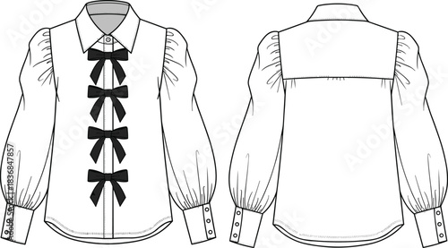 Stylish bow front blouse fashion flat sketch with puff sleeves, structured collar, detailed garment outline design for apparel vector templatesStylish bow front blouse fashion fla