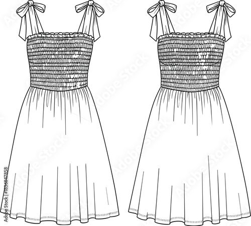 Smocked summer dress technical fashion sketch with bow tie shoulder straps and flared skirt silhouette, cad drawing flat vector illustration design