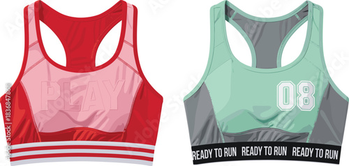 Sports bra fashion flat sketch with racerback design, elastic band, activewear details, workout style garment template, cad drawing flat vector illustration