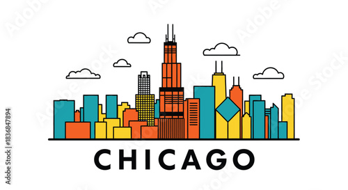 Vibrant, stylized cityscape illustration with colorful buildings and clouds