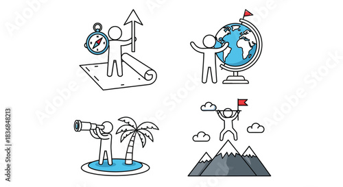 Stick figure explorer charts a course for adventure, discovers the world, and conquers peaks.