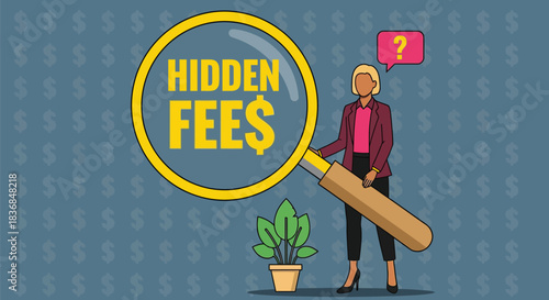Woman examining hidden fees with a magnifying glass, questioning costs and expenses.
