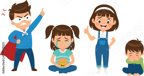 Cartoon children showing emotions like sadness, anger, happiness, discipline, and empathy in a colorful educational vector illustration for kids