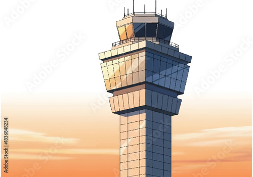 Stylized Airport Control Tower with Glass Windows and Antennae.