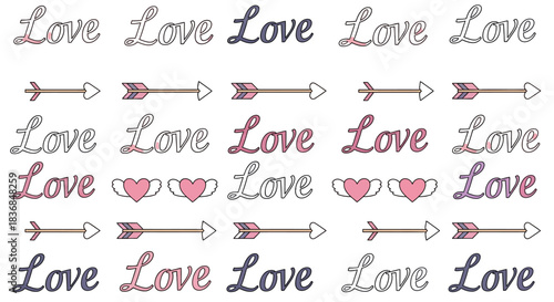 Whimsical 'love' text and charming heart and arrow motifs arranged in a repeating pattern.