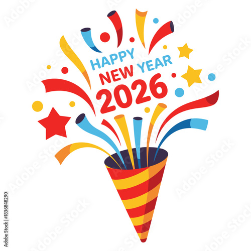 Happy new year 2026 party popper, confetti burst with stars, colorful celebration illustration, festive holiday vector