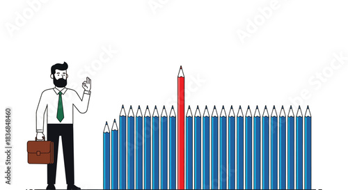 Creative professional stands out among a row of pencils, highlighting unique ideas and individuality.