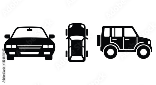 Simple black silhouettes of a car and an SUV shown from front, top, and side views