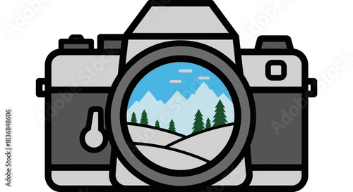 Vintage camera lens reflecting a serene mountain landscape with evergreen trees