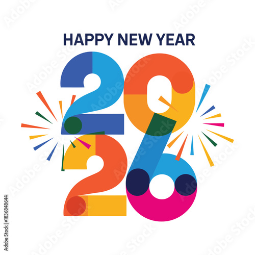 Happy New Year 2026 typography, overlapping numbers with spark rays, bold celebratory poster, vibrant holiday vector graphic
