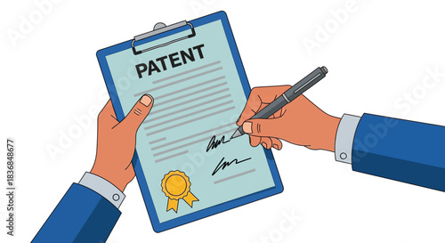 Person signing important legal document for patent approval with pen