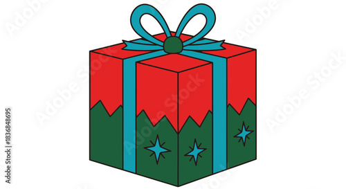 Festive red and green gift box adorned with a blue ribbon and bow, ready for holiday celebrations.