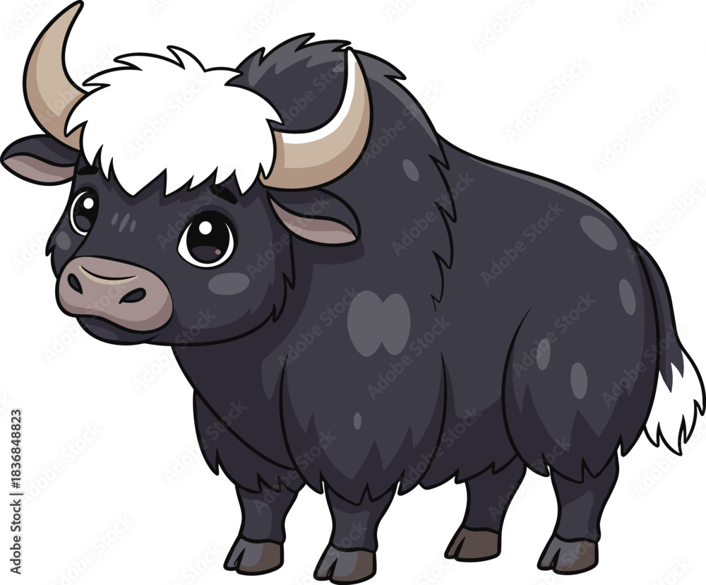 Fototapeta premium Cartoon yak vector illustration with shaggy fur, white tuft, curved horns, expressive eyes, isolated on white background for educational use