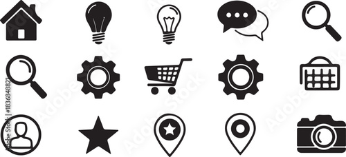 Business and technology icons set with house and camera Keywords: house, home, building, light