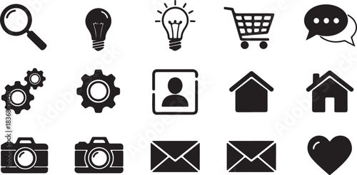 Common Icons for Web and Business Keywords: magnifying glass, search, lightbulb, idea