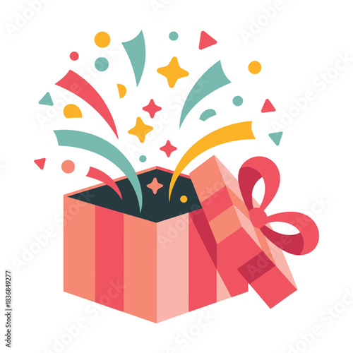 Gift box explosion, confetti and streamers burst, surprise present concept, new year celebration graphic, joyful holiday vector