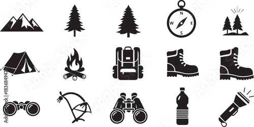 Outdoor Adventure and Camping Icon Set Keywords: mountains, pine tree, fir tree, compass, tent