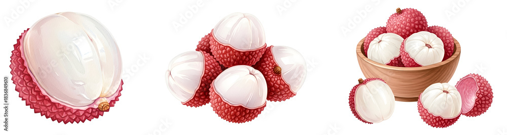 custom made wallpaper toronto digitalThree depictions of lychee fruits with a peeled one and a bowl of them against a plain backdrop on transparent background