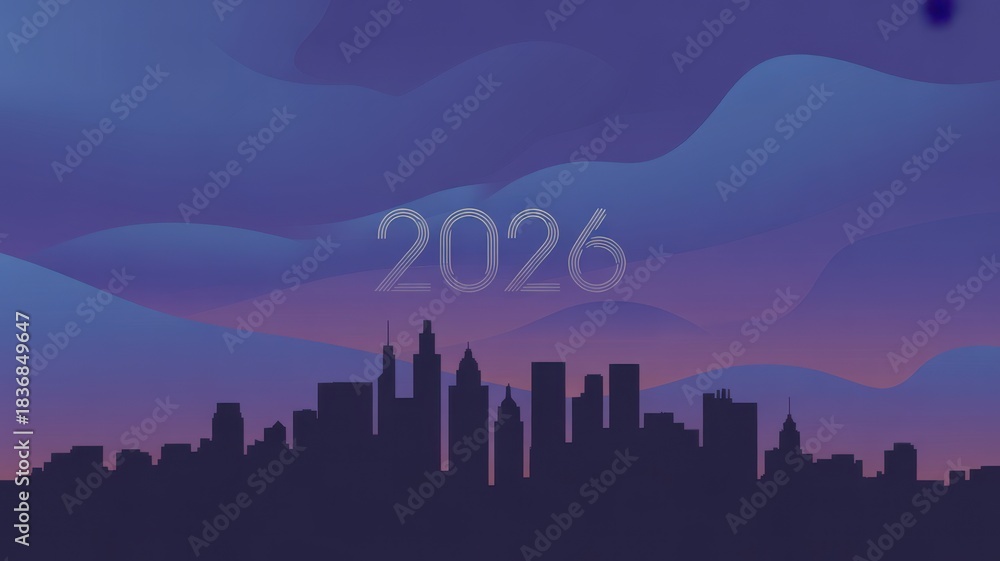 Obraz premium City skyline silhouette with gradient sky backdrop for year 2026 eve