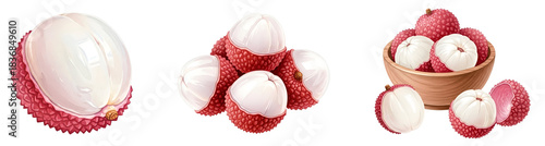 Wallpaper Mural Three depictions of lychee fruits with a peeled one and a bowl of them against a plain backdrop on transparent background Torontodigital.ca