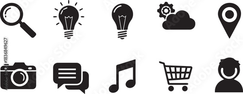 Technology and communication icons set magnifying glass