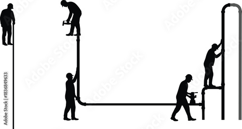 ndustrial teamwork silhouettes working on pipes, construction maintenance, engineering collaboration, mechanical inspection, safety operations, vector illustration for stock platforms.